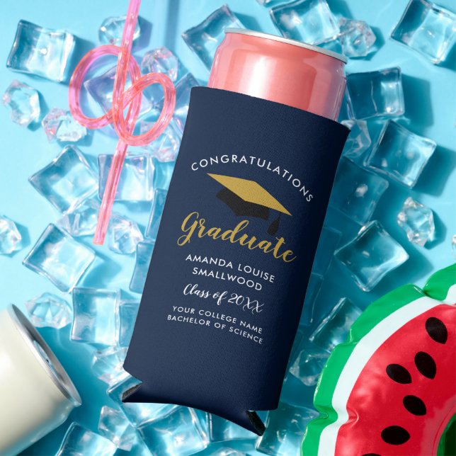 Rafraîchisseur Pour Canette Slim Graduation 2025 Navy Blue Grad Party (Été in situ)