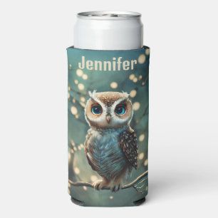 Rafraîchisseur Pour Canette Slim Grand hibou à œil bleu personnalisé avec nom