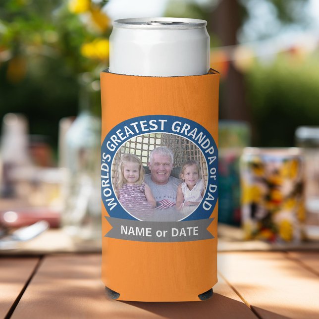 Rafraîchisseur Pour Canette Slim Grand papa du monde Photo orange bleu (Custom Can Cooler for Grandpa or Dad)