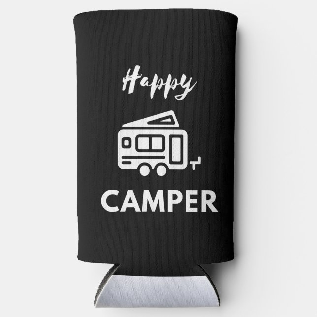 Rafraîchisseur Pour Canette Slim Happy Camper en blanc avec Arrière - plan bleu (Recto)