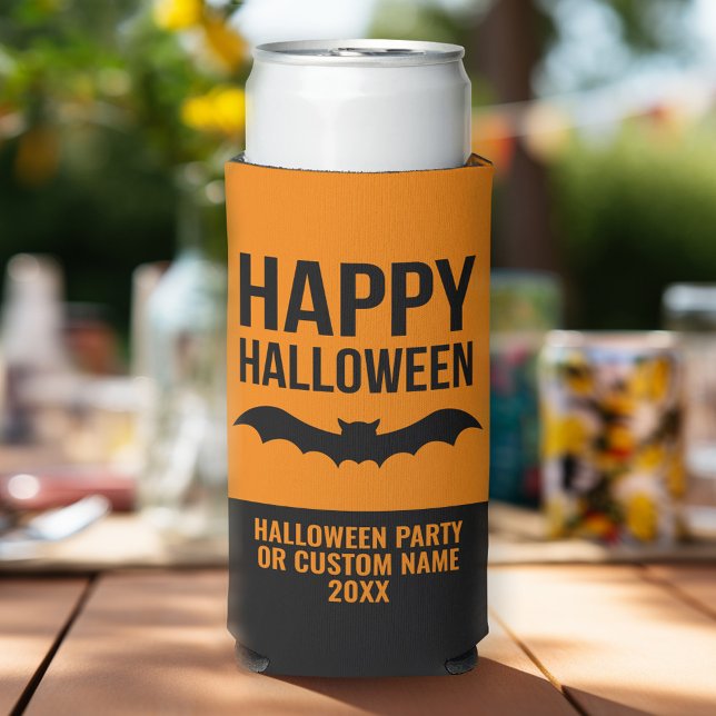 Rafraîchisseur Pour Canette Slim Happy Halloween chauve avec nom de fête - orange n (Halloween Party Personalized can coolers - add your name)