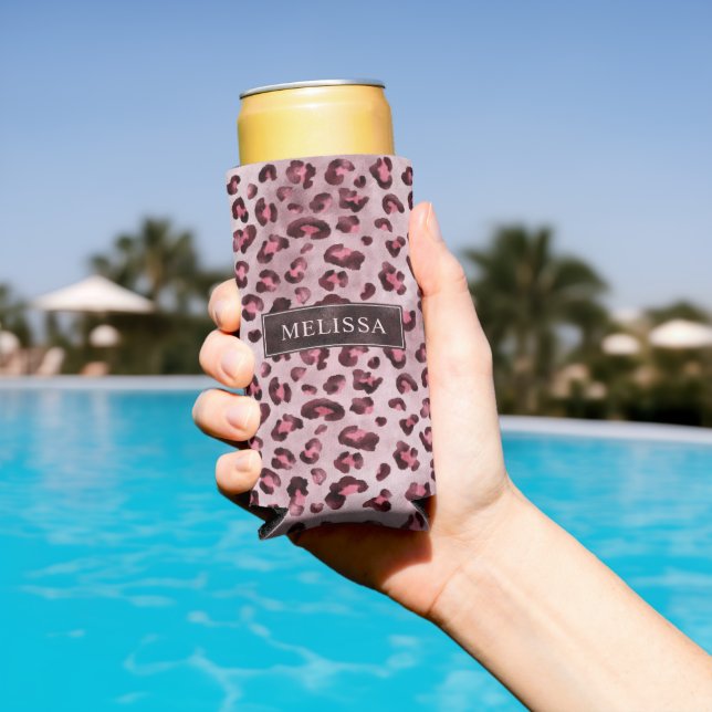 Rafraîchisseur Pour Canette Slim Impression d'animal léopard rose avec fausse feuil (Piscine in situ)