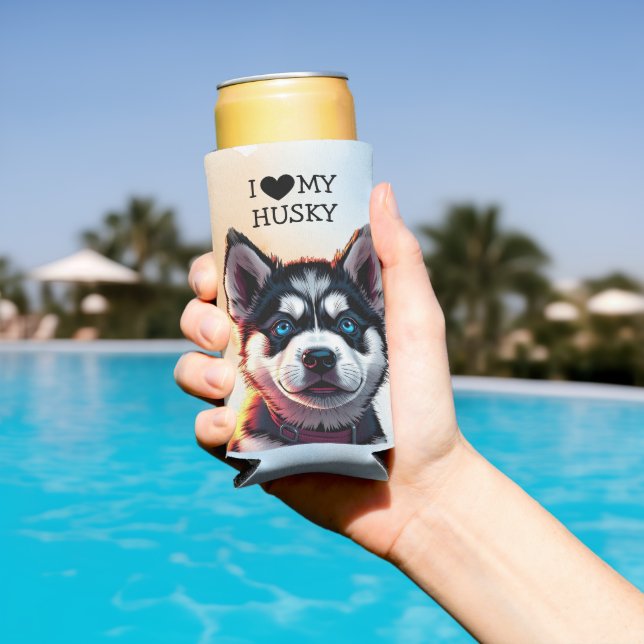 Rafraîchisseur Pour Canette Slim J'Aime Mon Husky Personnalisé (Piscine in situ)