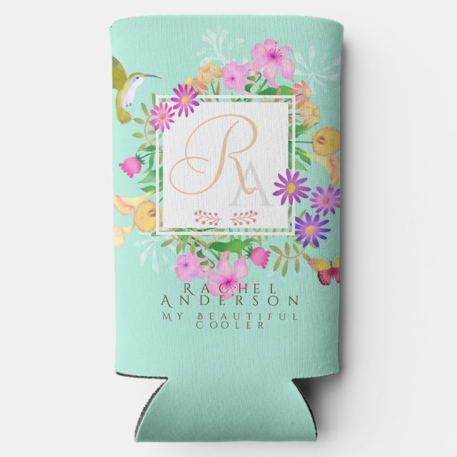 Rafraîchisseur Pour Canette Slim Jardin floral Aqua Monogramme (Verso)