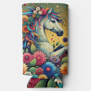 Rafraîchisseur Pour Canette Slim Jolies fleurs colorées fantaisistes et cheval blan