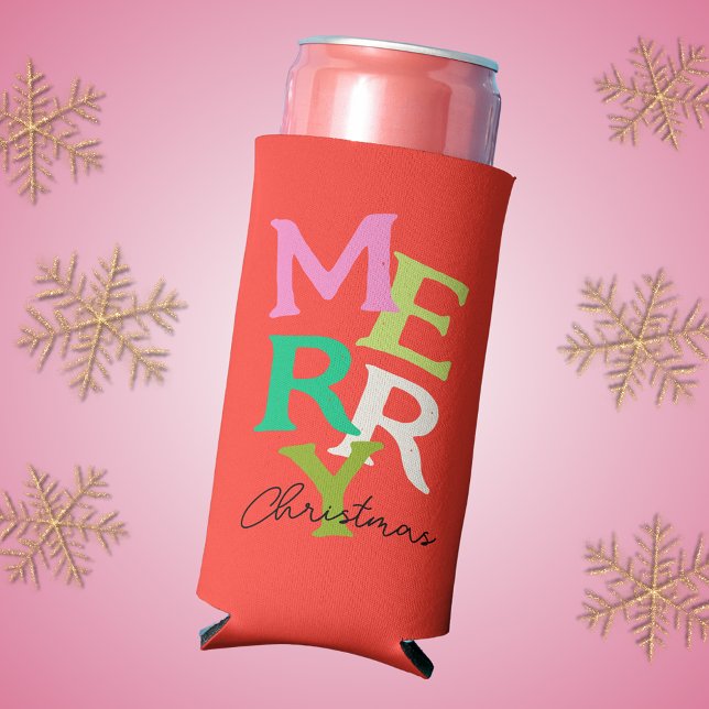 Rafraîchisseur Pour Canette Slim Joyeux Noël Moderne Lumineux Férié (Merry Christmas can cooler with fun, colorful typography design )