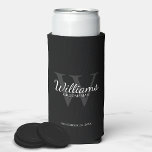 Rafraîchisseur Pour Canette Slim Le nom et le monogramme des développeurs de script<br><div class="desc">Ajoutez une touche personnelle à votre mariage avec des groomsmen personnalisés peut refroidir. Ce peut refroidir caractéristiques personnalisées groomsman's nom dans le style de police de script classique blanc avec détails de mariage dans le style de police serif classique blanc et monogramme dans le style de police serif classique gris...</div>