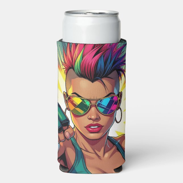 Rafraîchisseur Pour Canette Slim Lesbienne LGBT Mohawk Uppercut Pop Art (Seltzer Recto)
