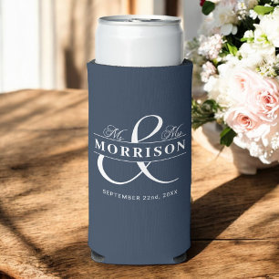 Rafraîchisseur Pour Canette Slim M. Mme Marine Bleu Mariage romantique Faveur