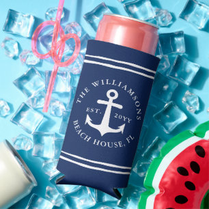Rafraîchisseur Pour Canette Slim Maison de plage de la marine bleue et blanche Ancr