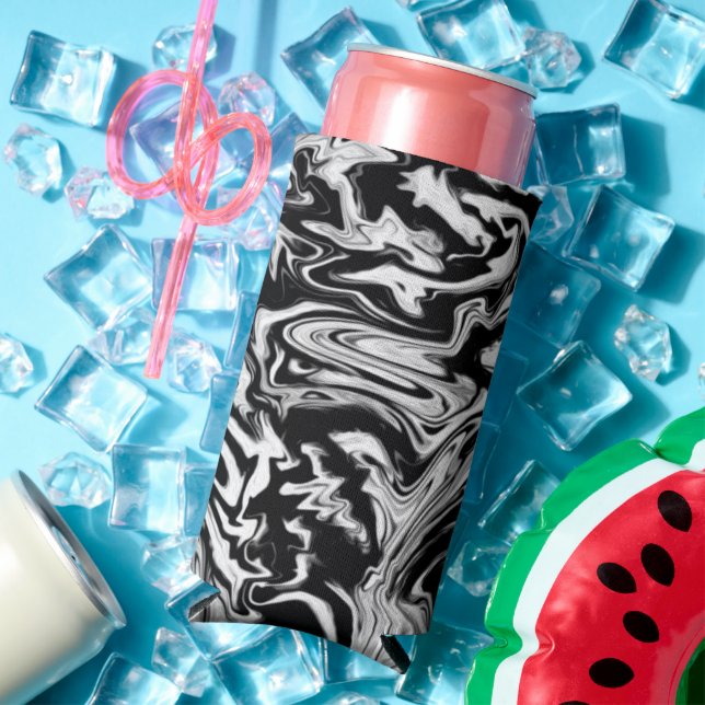 Rafraîchisseur Pour Canette Slim Marbleized Noir et Blanc Moderne Artwork Abstrait (Été in situ)