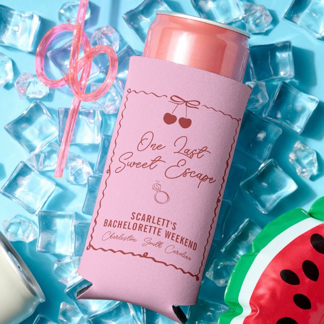 Rafraîchisseur Pour Canette Slim Mini week-end d'enterrement en cerise rose et roug (One Last Sweet Escape can cooler, bachelorette, party favors, red, pink, cherry, bow, personalized)