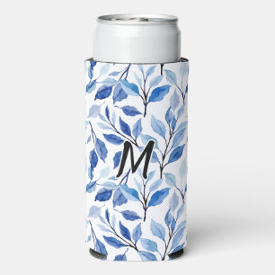 Rafraîchisseur Pour Canette Slim Monogramme d'art fin en mosaïque de feuilles bleue