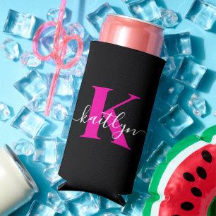 Rafraîchisseur Pour Canette Slim Monogramme élégant noir rose vif écriture