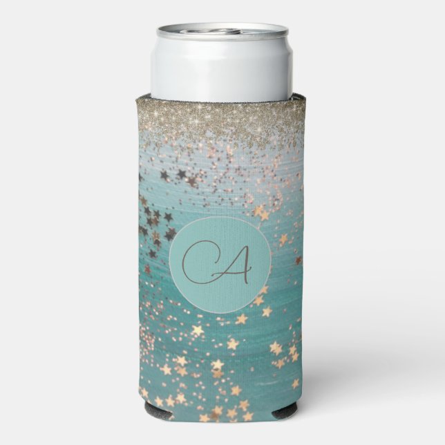Rafraîchisseur Pour Canette Slim Monogramme Gold Stars sur Turquoise (Seltzer Verso)