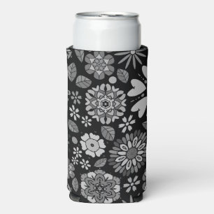 Rafraîchisseur Pour Canette Slim Motif sans couture d'art floral rétro noir et gris