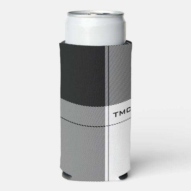 Rafraîchisseur Pour Canette Slim Noir Blanc Moderne Plaid Initiales Preppy Chic (Seltzer Recto)