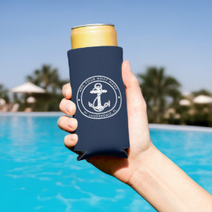Rafraîchisseur Pour Canette Slim Nom de bateau personnalisé à l'ancre bleu marine n