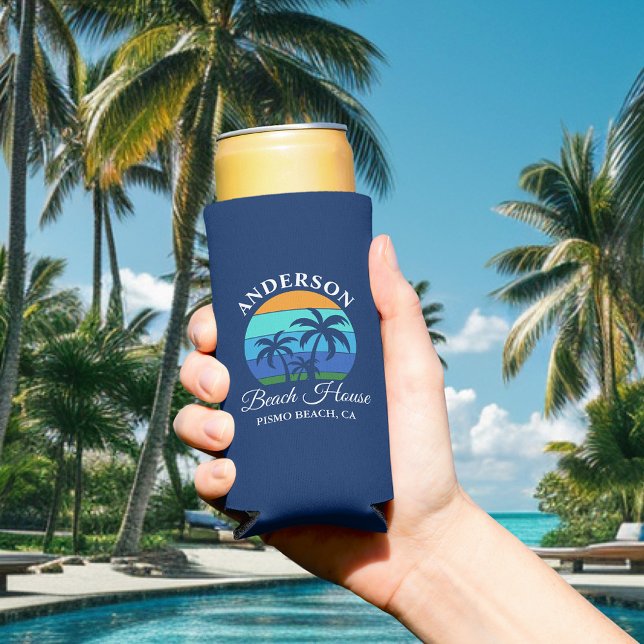 Rafraîchisseur Pour Canette Slim Nom de famille Beach House Sun Palm Trees Blue (Customize to change text size or text style.)