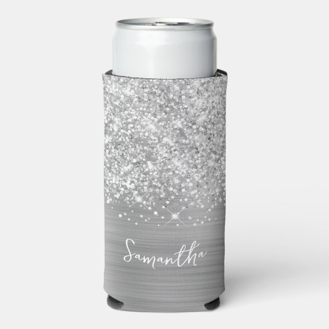 Rafraîchisseur Pour Canette Slim Nom de script Glam Argent Pailleté (Seltzer Recto)