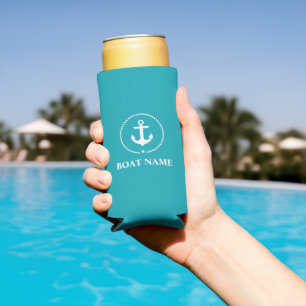 Rafraîchisseur Pour Canette Slim Nom du bateau nautique Ancre corde Turquoise Bleu