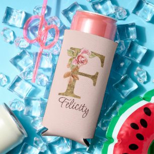 Rafraîchisseur Pour Canette Slim Nom Personnalisé Lettre F Gold Foil Blush Roses Ro