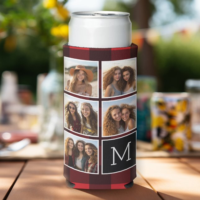 Rafraîchisseur Pour Canette Slim Photo Collage - Monogramme Rouge Buffle Noir Plaid (Seltzer can cooler with photos)