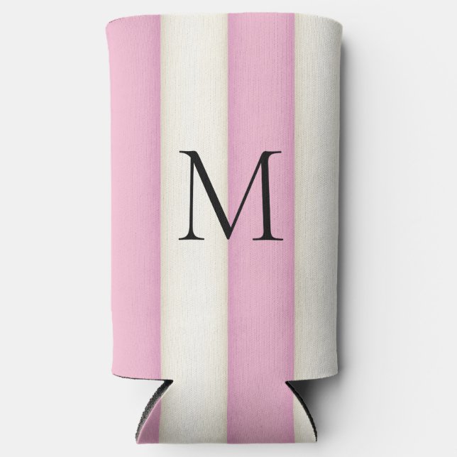 Rafraîchisseur Pour Canette Slim Pink & Antique White Stripes Monogramme (Recto)