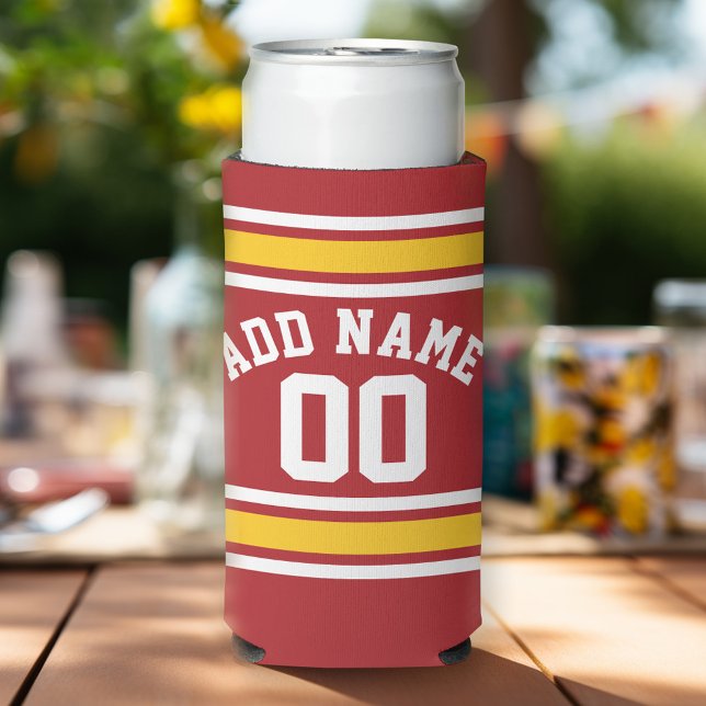 Rafraîchisseur Pour Canette Slim Red Yellow Team Jersey - Numéro de nom personnalis (Football Birthday Party Personalized can coolers - add your name)