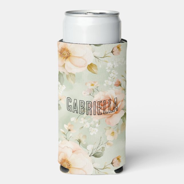 Rafraîchisseur Pour Canette Slim Romantic Peach Mint Roses Floral  (Seltzer Recto)