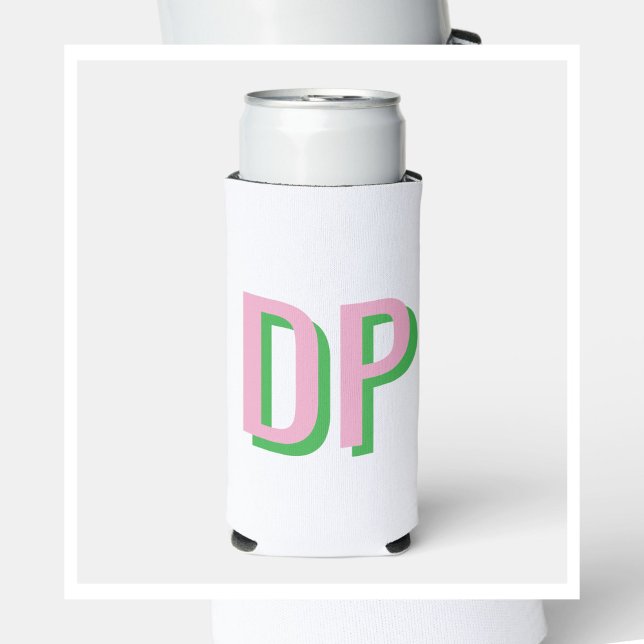 Rafraîchisseur Pour Canette Slim Rose Pâle + Monogramme Vert Demoiselle d'Honneur (Light Pink +Green Monogram Can Cooler)