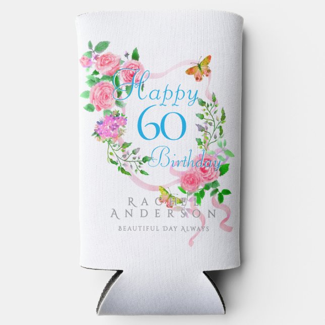 Rafraîchisseur Pour Canette Slim Ruban de rose rose 60 ans Refroidisseur (Recto)