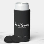 Rafraîchisseur Pour Canette Slim Script Moderne Cuisinière personnalisée<br><div class="desc">Script moderne Groomsmen personnalisé Can Cooler avec nom de toiletteur personnalisé en blanc style de police script moderne avec titre et date mariage dans le style de police sans serif moderne sur arrière - plan noir. Aussi parfait pour Maid of Honor, Flower Girl, Mother of the Bride, Groomsmen, Best man...</div>