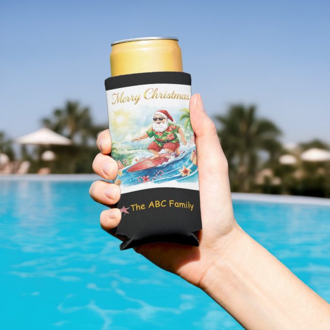 Rafraîchisseur Pour Canette Slim Surfing Santa Christmas in July Coastal  (Piscine in situ)