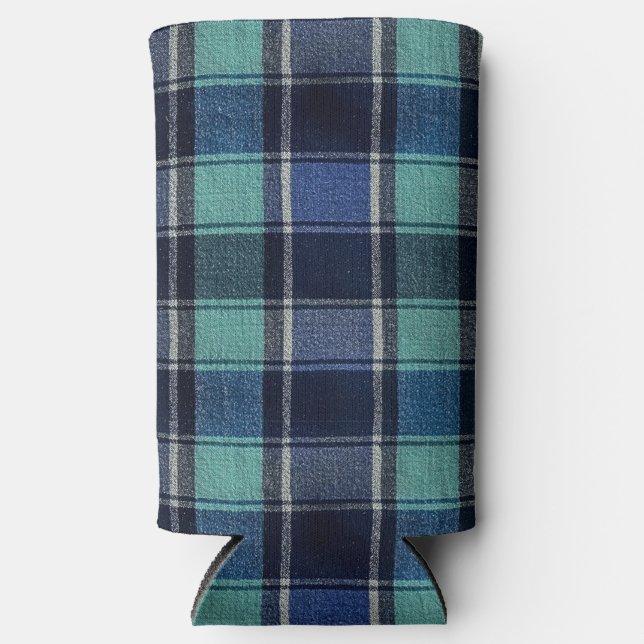 Rafraîchisseur Pour Canette Slim Teal & Navy Tartan Plaid Can or Bottle Cooler (Recto)