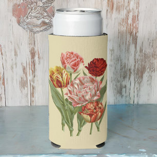 Rafraîchisseur Pour Canette Slim Tulipes vintages rouge et or sur crème