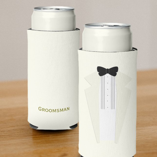 Rafraîchisseur Pour Canette Slim Tuxedo Groomsmen Mariage Can Cooler (A fancy tuxedo can cooler for any member of your wedding party)