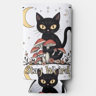 Rafraîchisseur Pour Canette Slim Whimsical noir cat framed by red mushrooms and pal