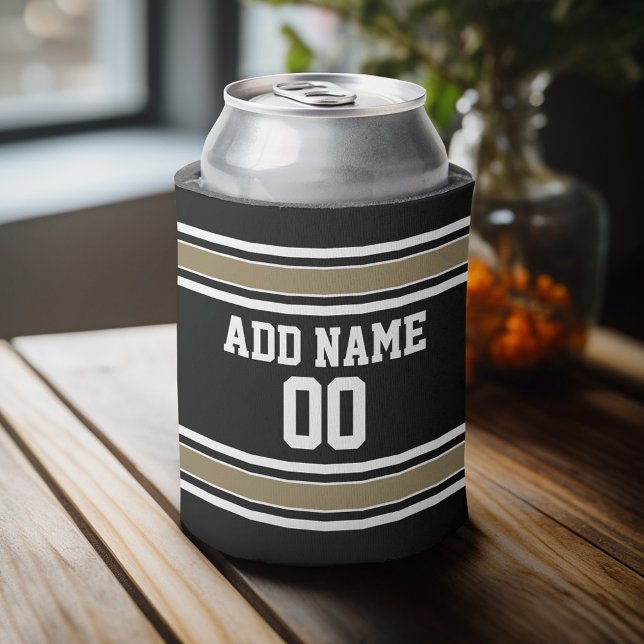 Rafraîchisseur Pour Canette Sports Jersey Black and Gold Strips Nom Numéro (Personalized Can Cooler - add a name and custom text to this sports jersey design)