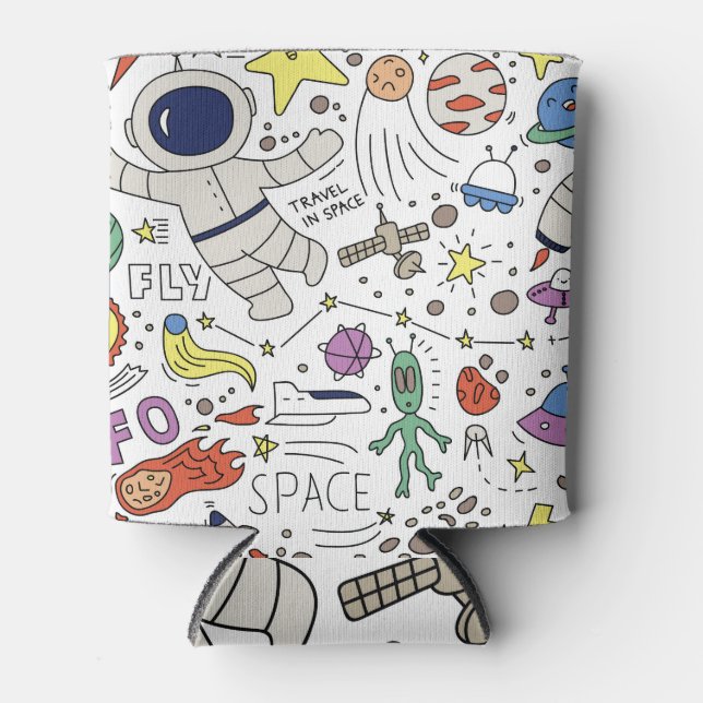 Rafraîchisseur Pour Canette Style Doodle, illustration du thème spatial. (Devant)