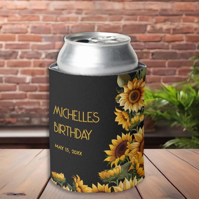 Rafraîchisseur Pour Canette Sunflower Black Rustic Nom élégant Anniversaire (Yellow sunflowers on black custom birthday party can cooler)