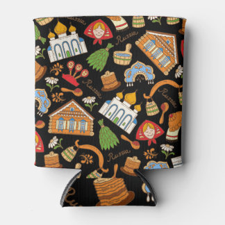 Rafraîchisseur Pour Canette Symboles russes : Motif Vintage coloré.