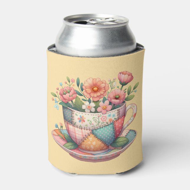 Rafraîchisseur Pour Canette Teacup Patchwork avec Fleurs Whimsical (Can devant)