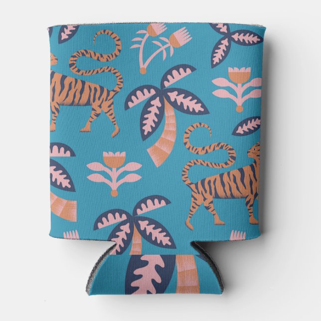 Rafraîchisseur Pour Canette Tigre rétro, palmier, motif de fleurs (Devant)