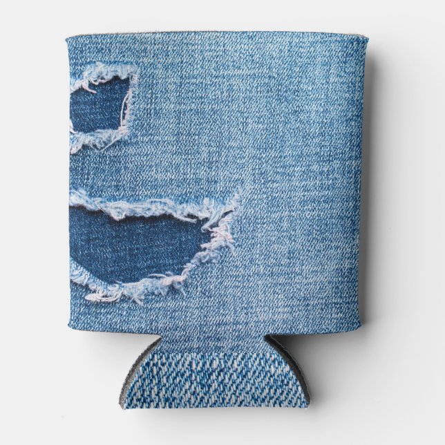 Rafraîchisseur Pour Canette Tissu en denim déchiré, teintes bleues. (Devant)