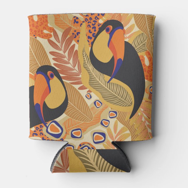 Rafraîchisseur Pour Canette Toucans sur branches, motif tropical sans soudure. (Devant)