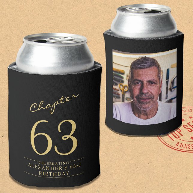 Rafraîchisseur Pour Canette Tout âge Anniversaire Black Gold Photo (Black and gold birthday can coolers with text on front and photo on rear.)