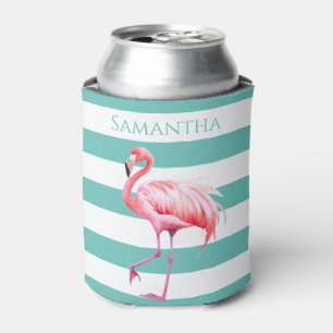 Rafraîchisseur Pour Canette Turquoise blanc rayures Flamant rose rose Nom pers