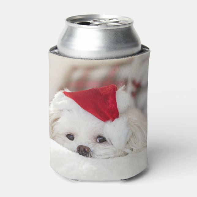 Rafraîchisseur Pour Canette Un mignon chien blanc dans un Casquette de Noël ro (Can devant)