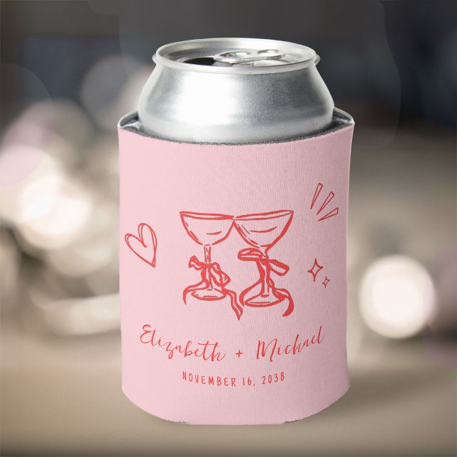 Rafraîchisseur Pour Canette Whimsical Hand Drawn Romantic Pink Red Wedding (Whimsical Hand Drawn Romantic Pink Red Wedding Can Cooler)